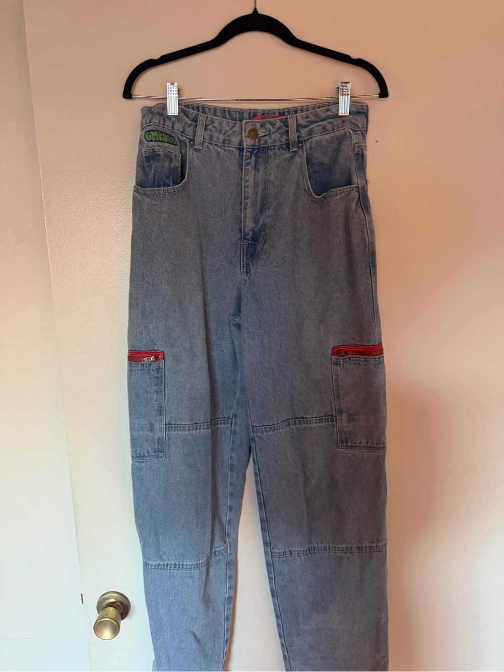 Empyre 90’s Y2K Denim Cargo Jeans with Red Zip Accents